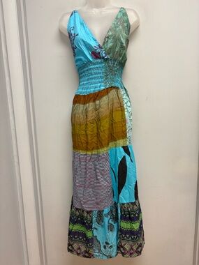 Ashley Taylor Patchwork Boho Maxi Dress Sleeveless Smocked Waist 100% Cotton M